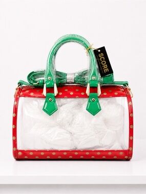 Score Clear Polka Dot Mini Barrel Bag in Red and Green